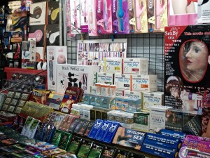 Various toys and aphrodisiacs for sale in the red-light district. 